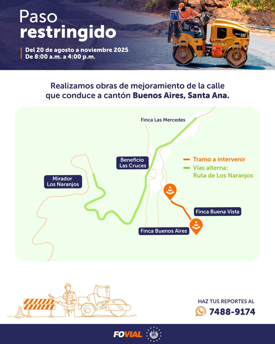 #Nacionales || <a href="/FOVIALITO/">FOVIAL</a> informó que este día comenzaron las obras de mejoramiento de la calle hacia el cantón Buenos Aires, en  #SantaAnaCentro, por lo que la institución insta a buscar rutas alternas. Imagen: FOVIAL