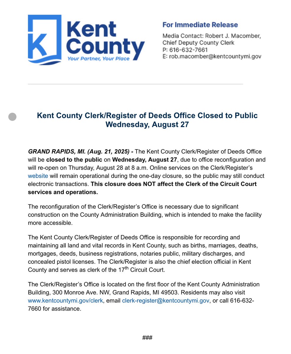 Temporary closure notice :: <a href="/KentCountyClerk/">Lisa Posthumus Lyons, Kent County Clerk/Register</a> / Register of Deeds office will be closed to the public Wednesday, August 27. Online services will be available at kentcountymi.gov/clerk. See release for more details.