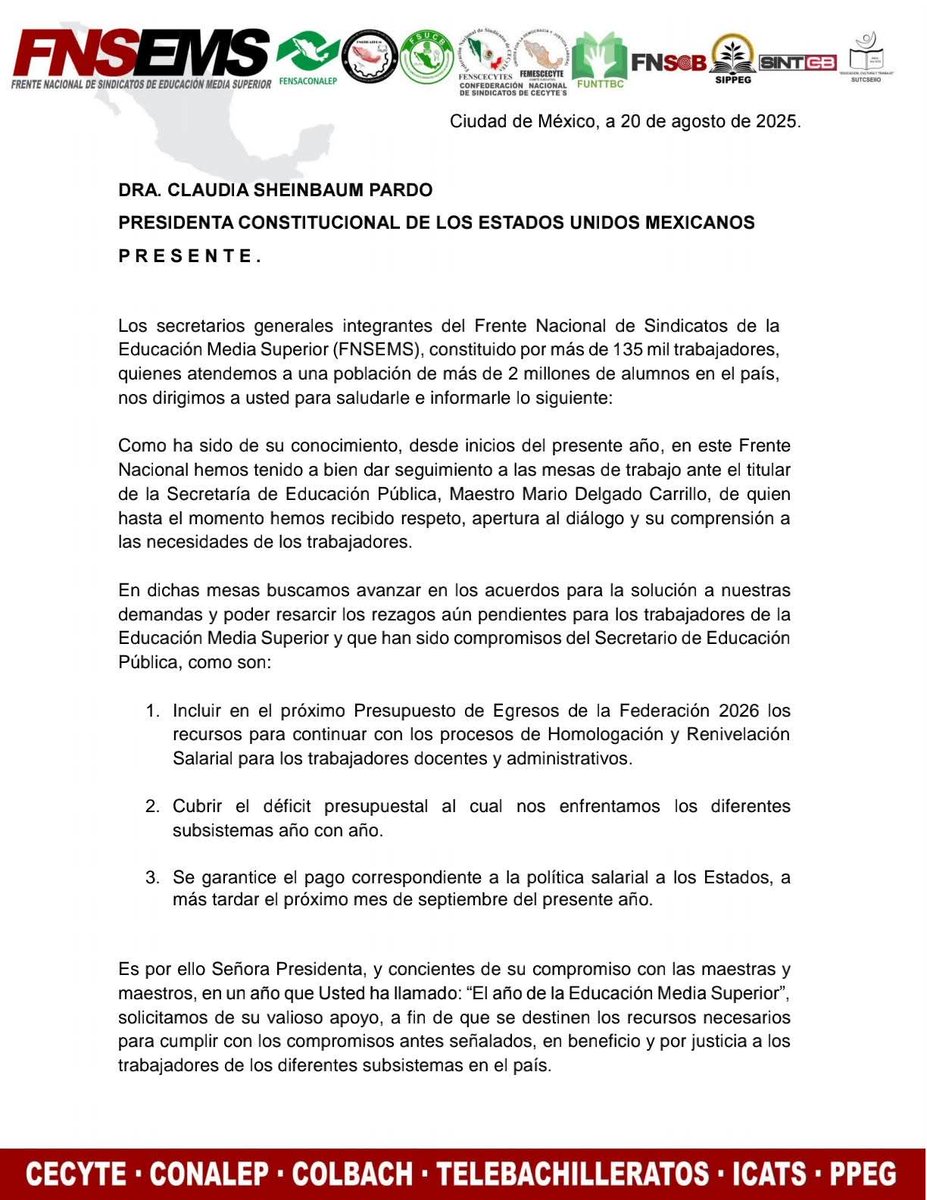 infoSUTCOBAO's tweet photo. El Frente Nacional de Sindicatos de Educación Media Superior #FNSEMS envió un oficio a la Dra. Claudia Sheinbaum Pardo, Presidenta de México, solicitando se hagan válidos los compromisos asumidos por el Srio. de Educación Pública en beneficio de las y los trabajadores de la  ⬇️ https://t.co/yeFpxRl5mW
