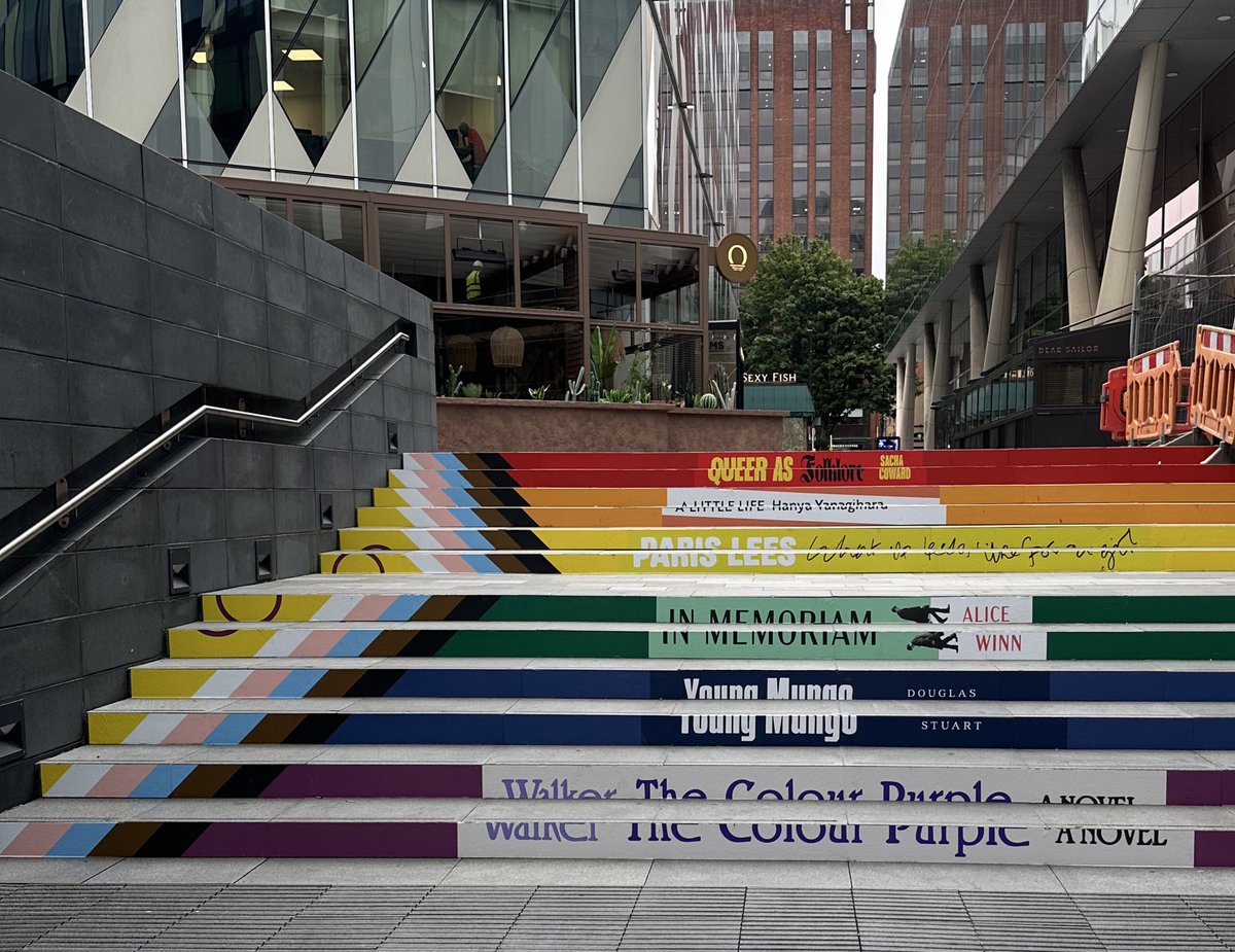 for Manchester Pride this year I designed this staircase of book spines, highlighting some of my favourite LGBTQ+ voices and stories 🏳️‍🌈🏳️‍⚧️