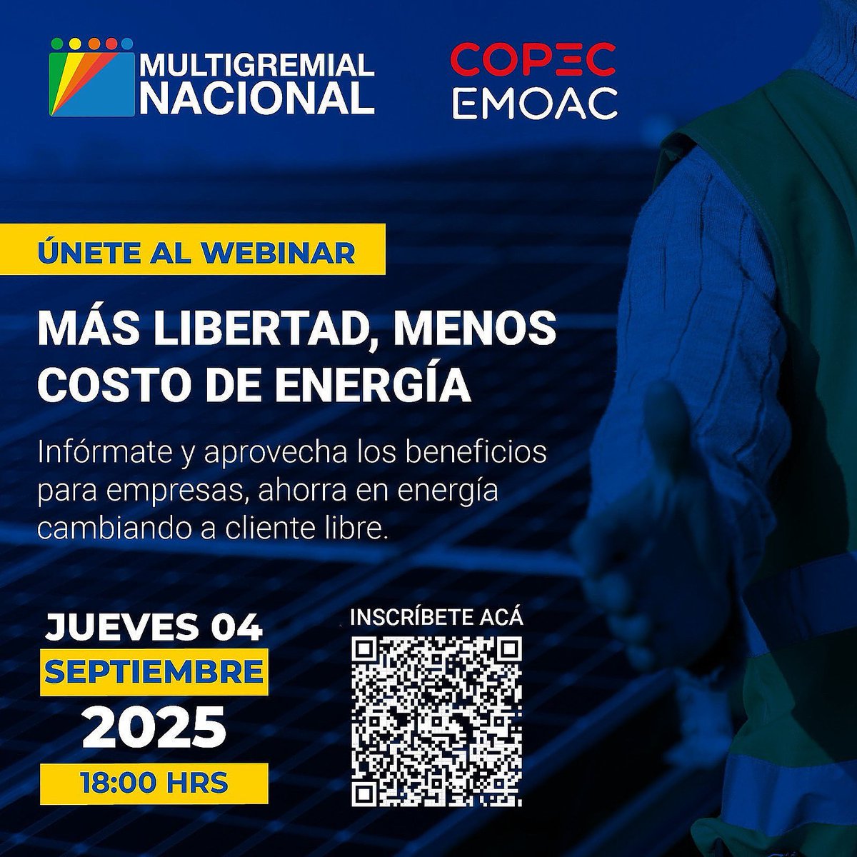 mgchiloe's tweet photo. 🔋🌍 Más libertad, menos costo de energía para tu empresa.
Este 04/09 te invitamos al webinar junto a Copec EMOAC y la Multigremial para conocer los beneficios de ser cliente libre ⚡

🕕 18:00 hrs | Online
📌 Inscríbete en el QR

#Pymes #Energía #ClienteLibre https://t.co/dSQhnsPml6