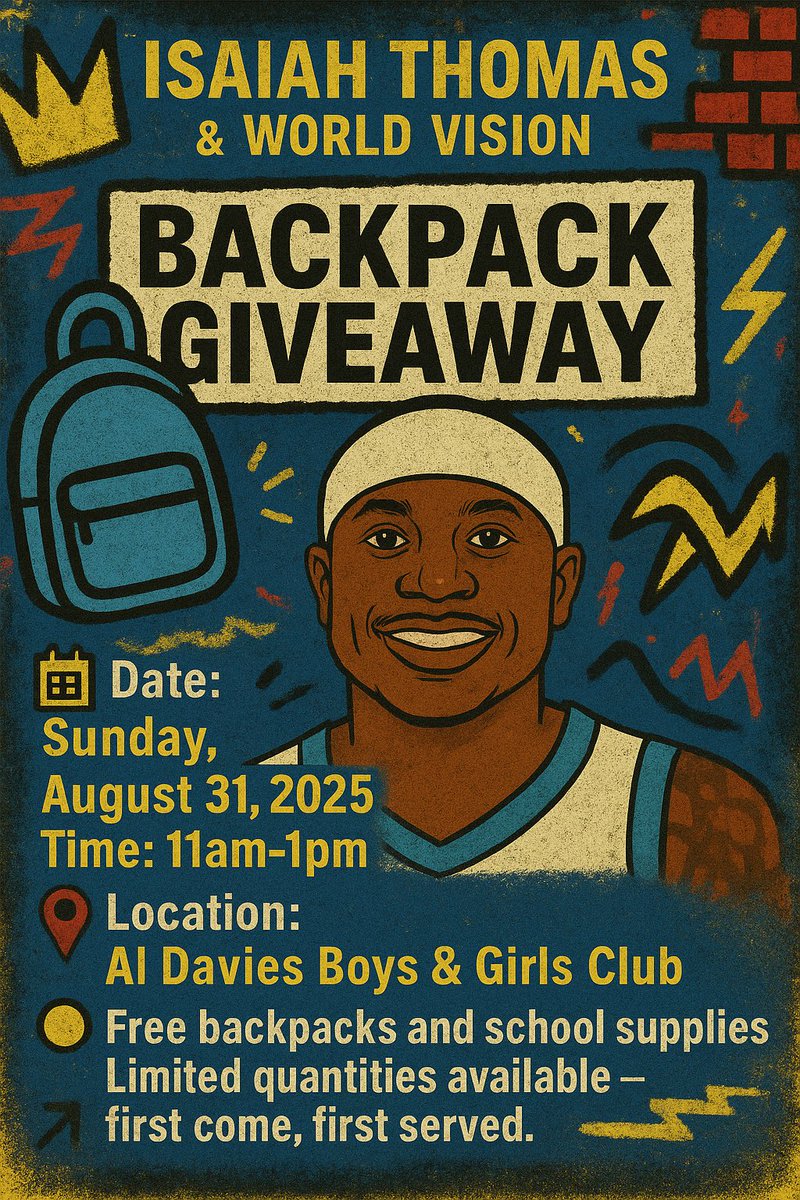 Isaiah Thomas (@isaiahthomas) on Twitter photo My 13th annual backpack/school supplies giveaway with <a href="/WorldVision/">World Vision</a> <a href="/WorldVisionUSA/">World Vision USA</a> 🙏🏾
August 31st from 11am-1pm at Al Davies Boys & girls club. First come first served My 13th annual backpack/school supplies giveaway with <a href="/WorldVision/">World Vision</a> <a href="/WorldVisionUSA/">World Vision USA</a> 🙏🏾
August 31st from 11am-1pm at Al Davies Boys & girls club. First come first served