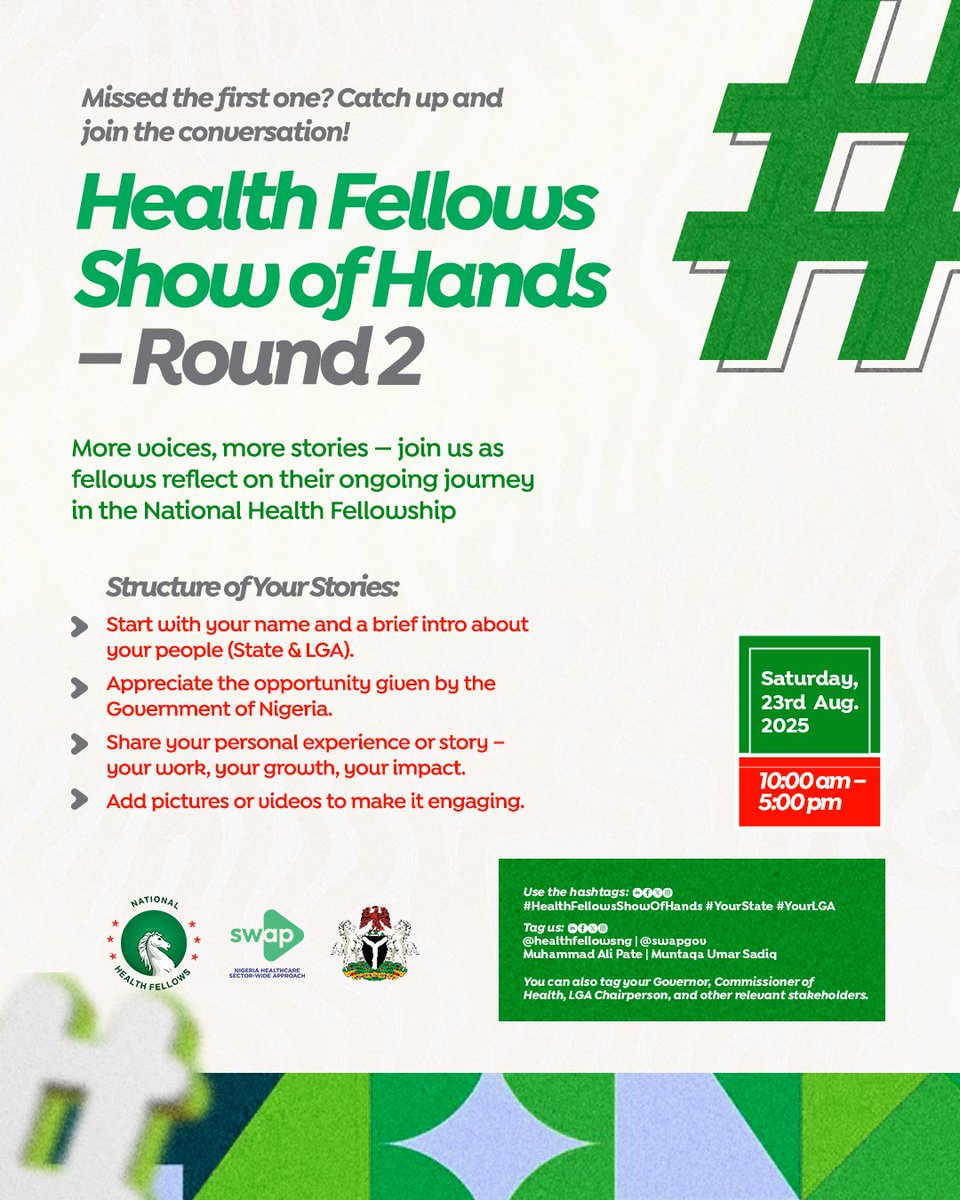 📣 Calling all National Health Fellows — it’s time to raise your hands once again! 🙌

We’re excited to launch Round 2 of the #HealthFellowsShowOfHands campaign, happening on Saturday 23rd August, 2025.

Whether you joined us in the first round or are jumping in for the first