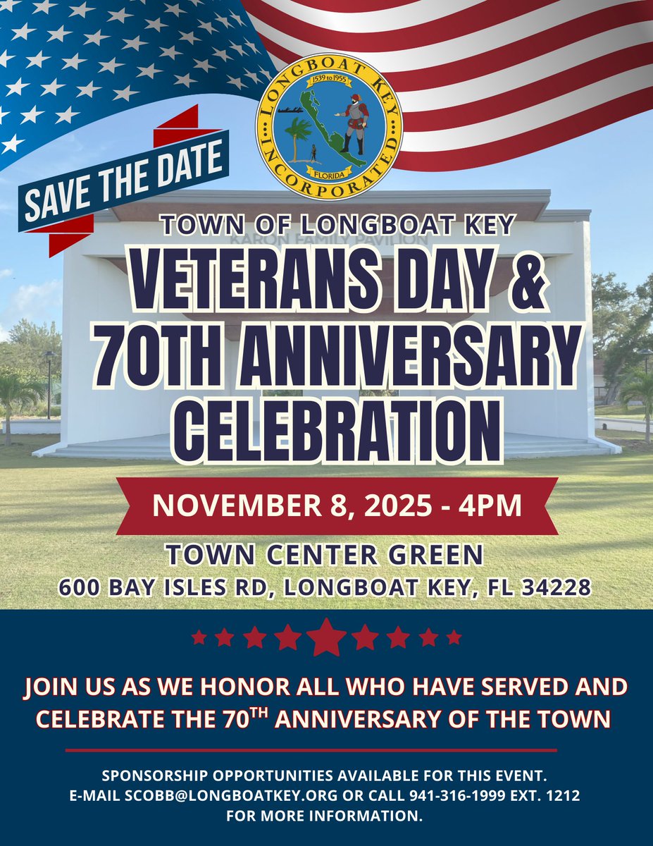 TownofLBK's tweet photo. Save the Date! ๐บ๐ธ Mark your calendar and join us Saturday, Nov 8, 4 PM at Town Center Green as we honor our #Veterans and celebrate 70 years of #LongboatKey! Sponsorship opportunities available ๐ฝ #LBK #LBKStrong #Community https://t.co/soQ8CansGY