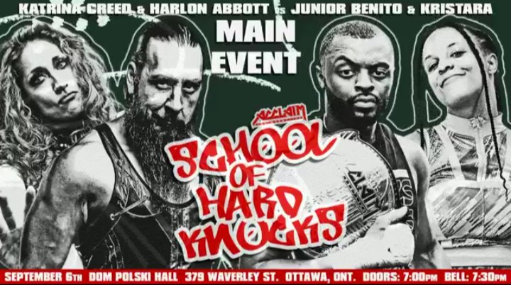 Dino🐺C🤘 (@nvhowlingwolves) on Twitter photo Slightly revised 🤪
Saturday Sept 6th <a href="/Acclaim_Pro/">Acclaim ProWrestling</a> 's #SchoolOfHardKnocks is this
Thriller of a Tag Team Main Event
The Mad Queen #AndNew Champ
<a href="/KatrinaCreed/">👑🐍Katrina Creed</a> 👑🐍
Teams up with <a href="/HarlonAbbott/">Harlon Abbott</a>
vs The Sweetest 🫛 <a href="/_kristara/">the sweetest pea</a> &
The Champ <a href="/JuniorBenit0/">“Big Boy” Junior Benito</a>
Gonna be so Good!! Slightly revised 🤪
Saturday Sept 6th <a href="/Acclaim_Pro/">Acclaim ProWrestling</a> 's #SchoolOfHardKnocks is this
Thriller of a Tag Team Main Event
The Mad Queen #AndNew Champ
<a href="/KatrinaCreed/">👑🐍Katrina Creed</a> 👑🐍
Teams up with <a href="/HarlonAbbott/">Harlon Abbott</a>
vs The Sweetest 🫛 <a href="/_kristara/">the sweetest pea</a> &
The Champ <a href="/JuniorBenit0/">“Big Boy” Junior Benito</a>
Gonna be so Good!!