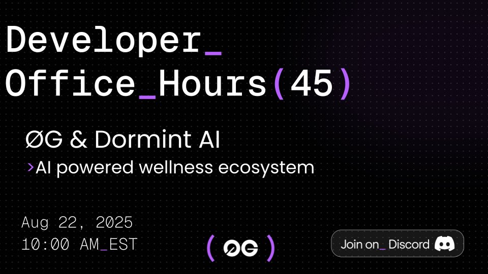 0G Labs (Ø,G) - AI L1 (@0g_labs) on Twitter photo Join us for Developer Office Hour #45 as @nickxgog from <a href="/Dormint_io/">Dormint AI</a> dives into:
→ Building an AI-powered Health Copilot
→ Creating a decentralized wellness ecosystem
→ Leveraging 0G’s infra to bring this vision to life
🗓️ Aug 22
⏰ 10 AM EST
Join 👇
discord.com/events/1210423… Join us for Developer Office Hour #45 as @nickxgog from <a href="/Dormint_io/">Dormint AI</a> dives into:
→ Building an AI-powered Health Copilot
→ Creating a decentralized wellness ecosystem
→ Leveraging 0G’s infra to bring this vision to life
🗓️ Aug 22
⏰ 10 AM EST
Join 👇
discord.com/events/1210423…