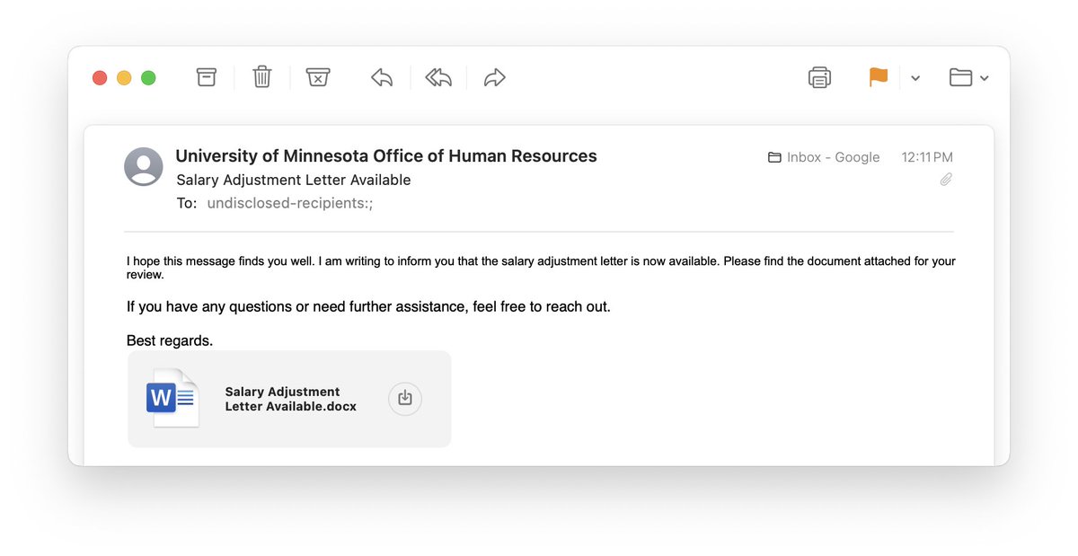 Peter L. Morrell (@peterlmorrell) on Twitter photo Uneven font sizes, no mention of my name or anyone else's, and the invitation to click a link to find out about salary changes. ChatGPT says this is likely spam or phishing. Or maybe <a href="/UMNews/">University of Minnesota</a> HR is sending out salary adjustment announcements that smell exactly like phishing? Uneven font sizes, no mention of my name or anyone else's, and the invitation to click a link to find out about salary changes. ChatGPT says this is likely spam or phishing. Or maybe <a href="/UMNews/">University of Minnesota</a> HR is sending out salary adjustment announcements that smell exactly like phishing?