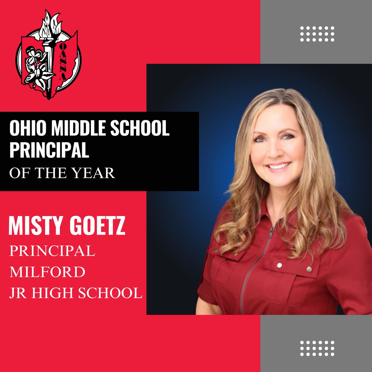 OhioPrincipals's tweet photo. We'd like to send a huge congrats to Misty Goetz, Principal at Milford Jr. High School, for being named the '25-'26 OASSA Middle School Principal of the Year!

CONGRATS Misty! 🎉

@Milford_Schools https://t.co/mCiswb02iY