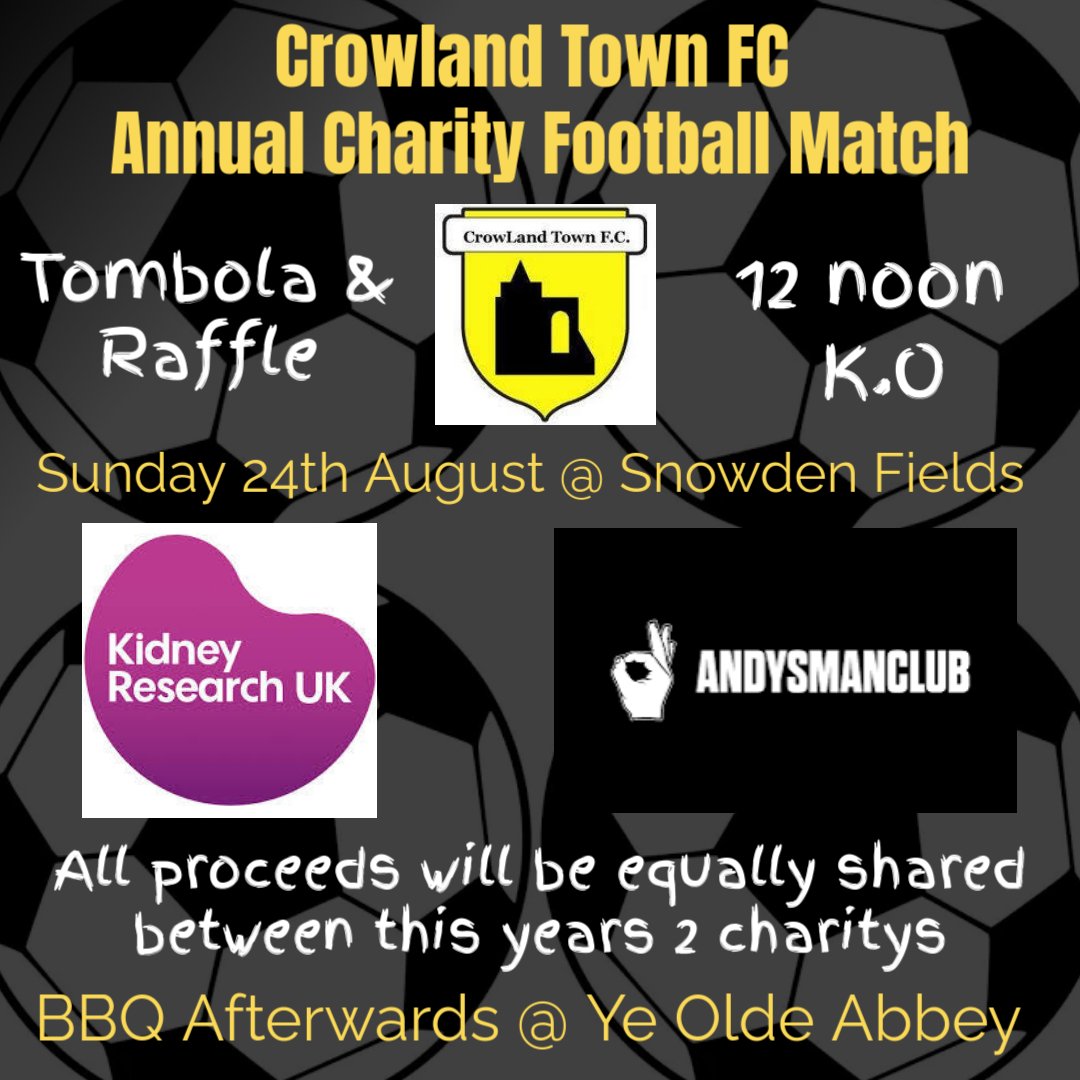 CrowlandTown's tweet photo. 3 Days away till our annual charity football match. Come down &amp; support our event for 2 amazing charitys. 🟡⚫️⚽️🐝 @spaldingsport @SpaldingVoice @Kidney_Research @andysmanclubuk @PDFLUK @EPBORO2023 @GianniSalerno @PTAlanSwann @LincsOLSport @CrowlandCranes 🟡⚫️⚽️🐝 https://t.co/pgzSiYTTov