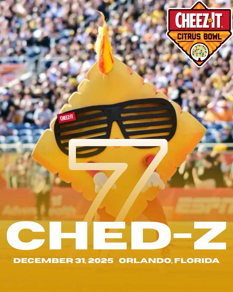 BowlSeason's tweet image. One week to go and Ched-Z is bringing the cheesy grin and the perfect tailgate snack @cheezit . 🧀 Who’s hungry for football? 

#7Days #BowlSeason #Countdowntoweek1 #collegefootball
