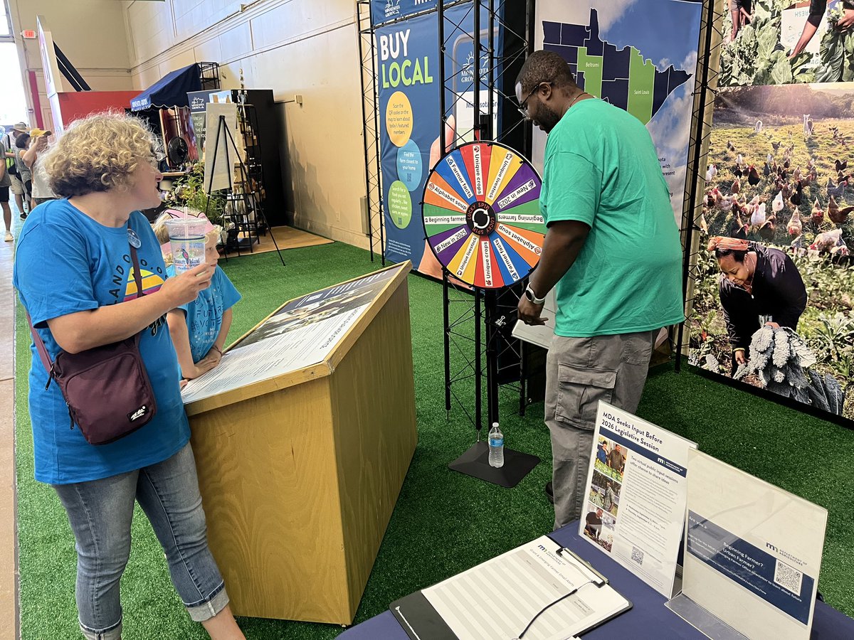 We’re off and running at the 2025 Minnesota State Fair! Stop by for children’s book readings in the a.m., try your luck at our invasives trivia wheel, learn about programs for emerging farmers, and talk with MN farmers in the north hall of the Ag/Hort Building through Labor Day!