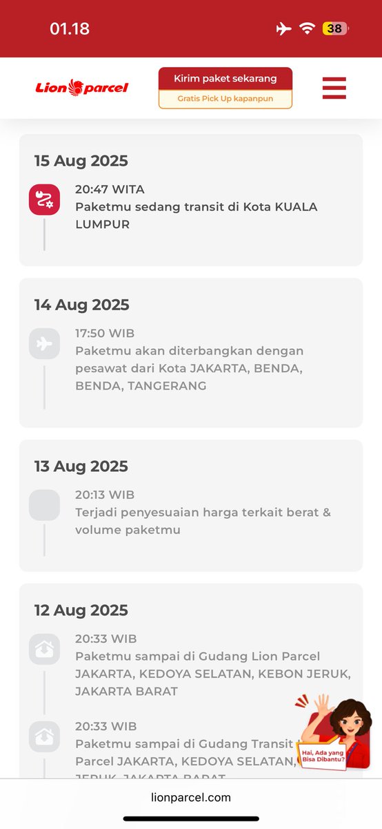 herfinitha's tweet photo. @lionparcel_ saya kirim paket ke malaysia tapi dari tgl 15 sampai hari ini tidak ada update lagi, tolong lah dicek paketnya masa ga ada update lagi. Saya udah dm juga https://t.co/IOQ5gsVQF6