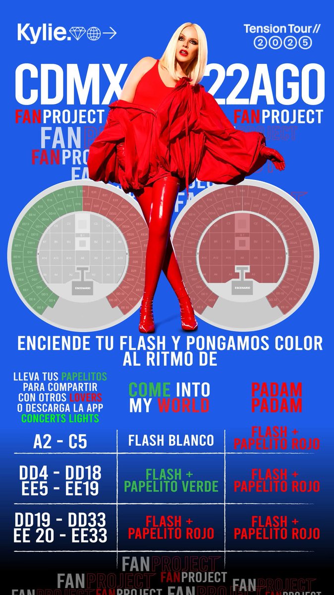 Lovers, hay un #FanProject para iluminar el Palacio de los Deportes mañana durante Come Into my World y Padam Padam.

Nosotros hemos creado estas imágenes para que las abran con su celular y se ilumine el color correspondiente. No olviden subir el brillo de su pantalla al máximo.