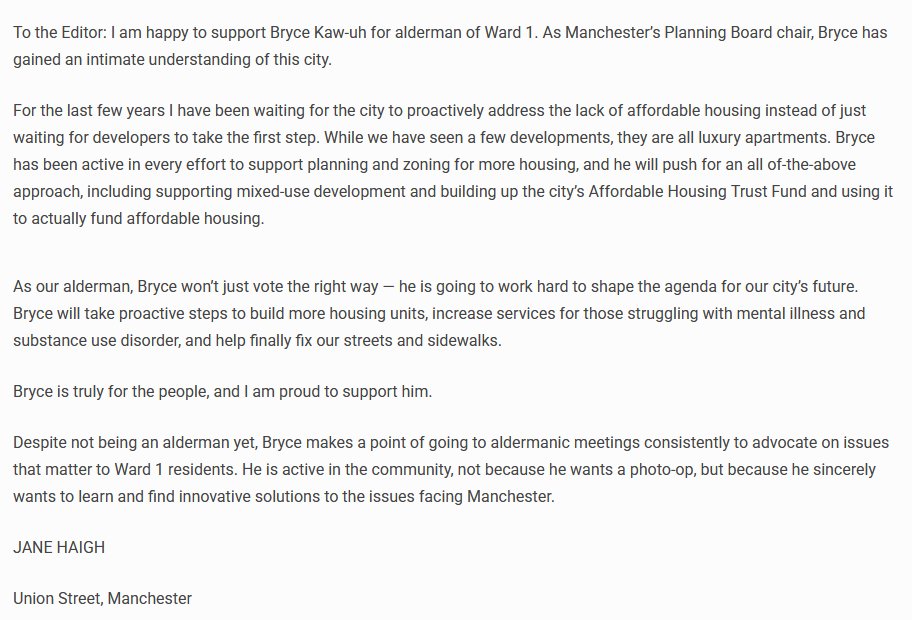 Bryce Kaw-uh (@bryce4mht) on Twitter photo Thank you <a href="/janeinak/">Jane Haigh Waiting for the Storm</a> for your support in the Union Leader!
Ward 1 deserves an Alderman who is responsive to the needs of our community. I look forward to proactively working with anyone who wants to build a better Manchester #MHT #NHPolitics Thank you <a href="/janeinak/">Jane Haigh Waiting for the Storm</a> for your support in the Union Leader!
Ward 1 deserves an Alderman who is responsive to the needs of our community. I look forward to proactively working with anyone who wants to build a better Manchester #MHT #NHPolitics
