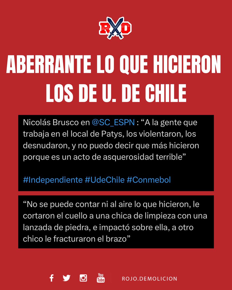 Rojo ⚔️ Demolición (@rxdemolicion) on Twitter photo Impactante lo que cuenta <a href="/nicobrusco86/">Nicolás Brusco</a> sobre lo que hicieron los “hinchas” de U. De Chile hacía el personal de limpieza y puestos de comida 🤬❌
#Independiente #TodoRojo #Copa #Sudamericana #CONMEBOL Impactante lo que cuenta <a href="/nicobrusco86/">Nicolás Brusco</a> sobre lo que hicieron los “hinchas” de U. De Chile hacía el personal de limpieza y puestos de comida 🤬❌
#Independiente #TodoRojo #Copa #Sudamericana #CONMEBOL