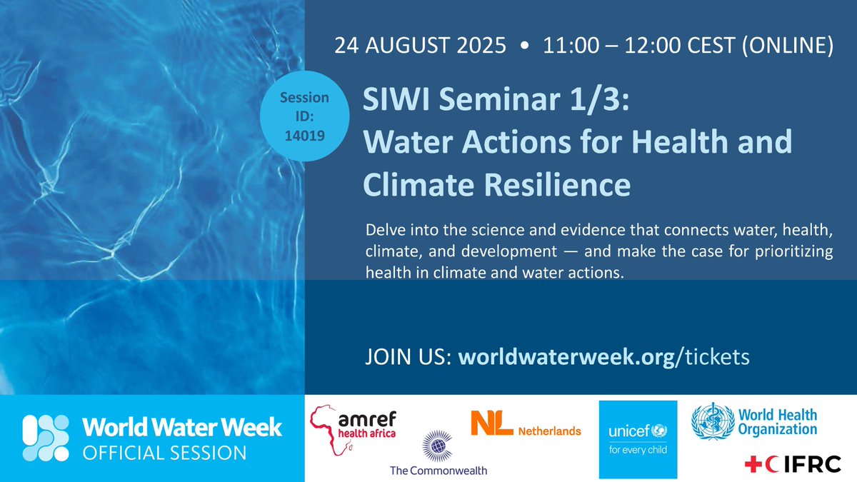 💧Tackling the greatest challenges of our time often starts with water.
Session 1: Water Actions for Health and Climate Resilience
🗓️ Date: August 24, 2025
🕚Time: 11:00 – 12:00 CET
🔗 bit.ly/4mXkYO3

#worldwaterweek