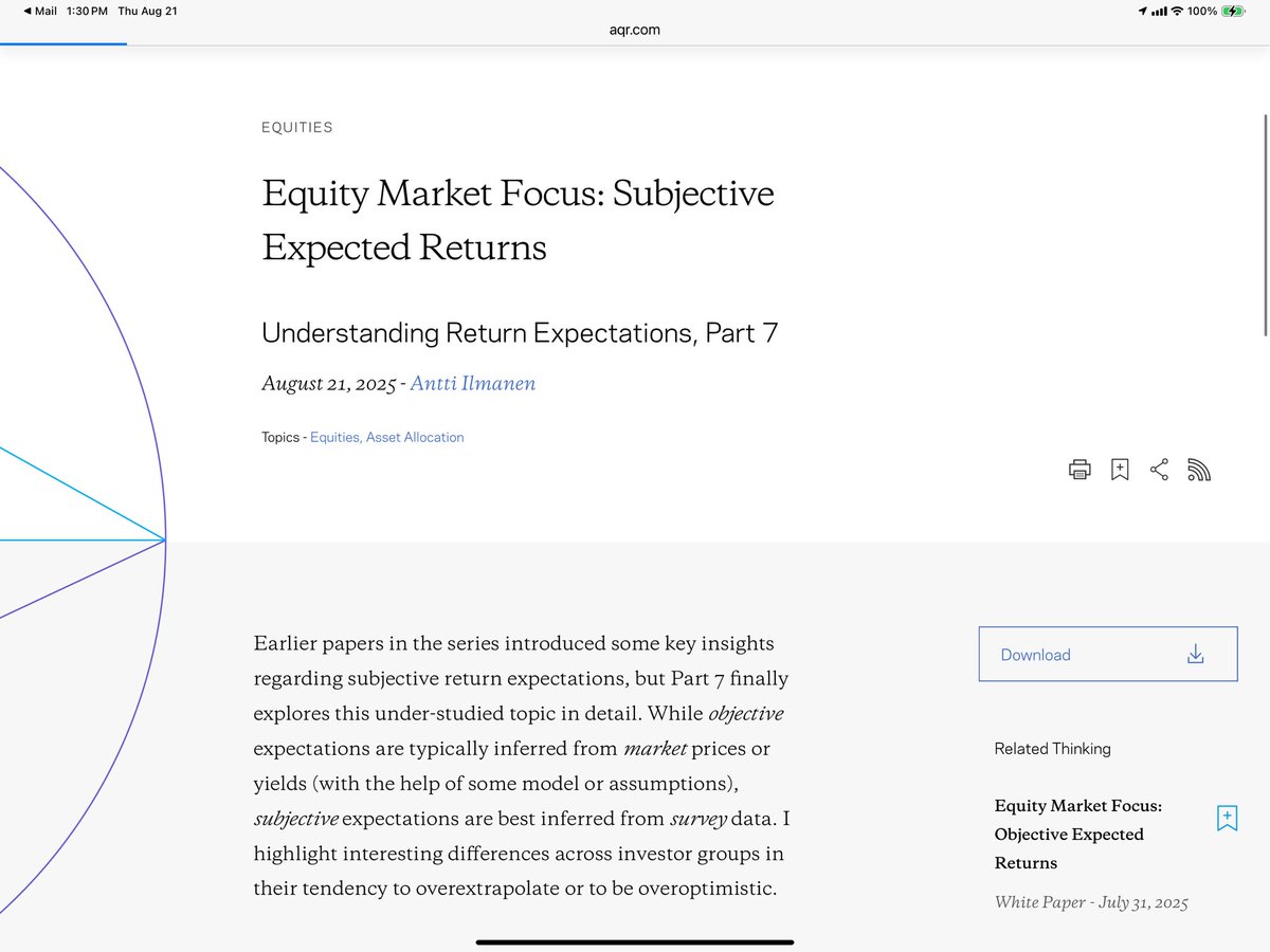 The Antti papers keep coming! Part 7 (yes, 7) of Antti‘s series on investor expectations (finally, after Parts 5-6 on historical returns and objective expected returns) drills into subjective expected returns on the S&amp;P500. While objective expectations are often inferred from