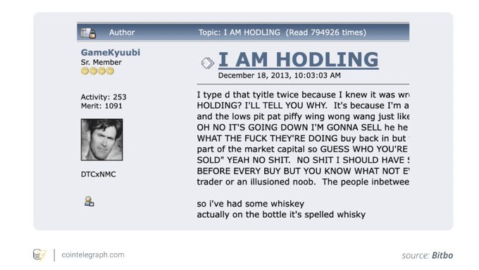In 2013, a Bitcointalk user drunkenly typed “I AM HODLING” after a 39% crash.

That misspelling became #Bitcoin’s most famous strategy.