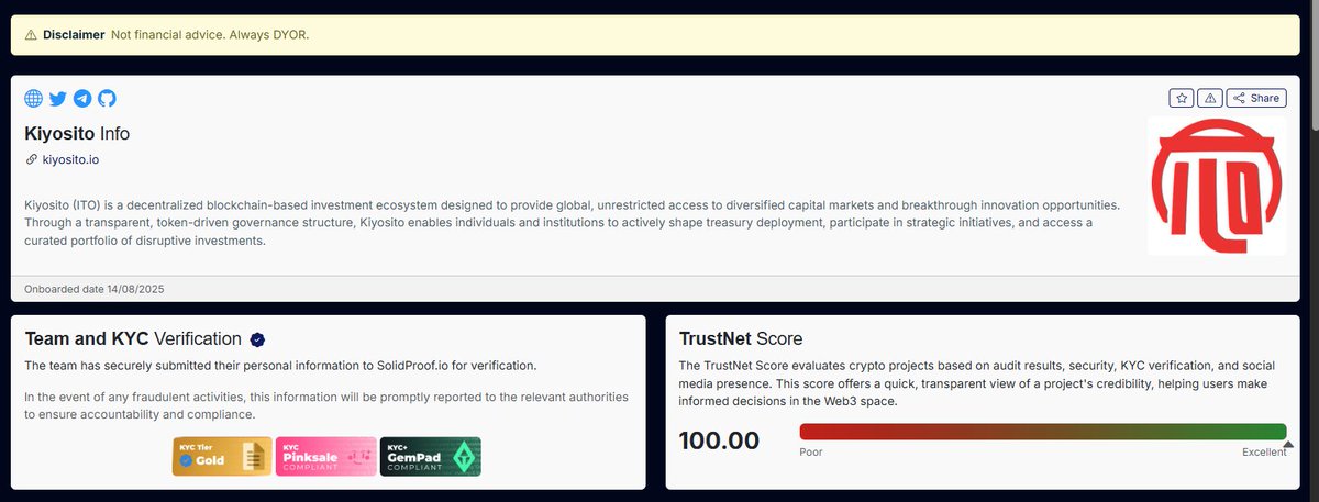 livecoinguy's tweet photo. ITŌ received a score of 100/100 in a computational robustness audit conducted by the German company SOLID PROOF.
@Kiyosito #ITO $ITO #ETH #BTC #DEFI
https://t.co/bZ9AI5Pnma https://t.co/ZKWzRxUE36