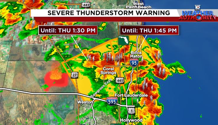Severe t-storms are moving through Coral Springs, Parkland, Deerfield Beach, and Boca Raton through 1:45pm. Damaging wind gusts to 60mph is the main threat along with frequent lightning and brief, heavy rainfall. Expect smoke from nearby wildfires to move in after the rain. #FLwx