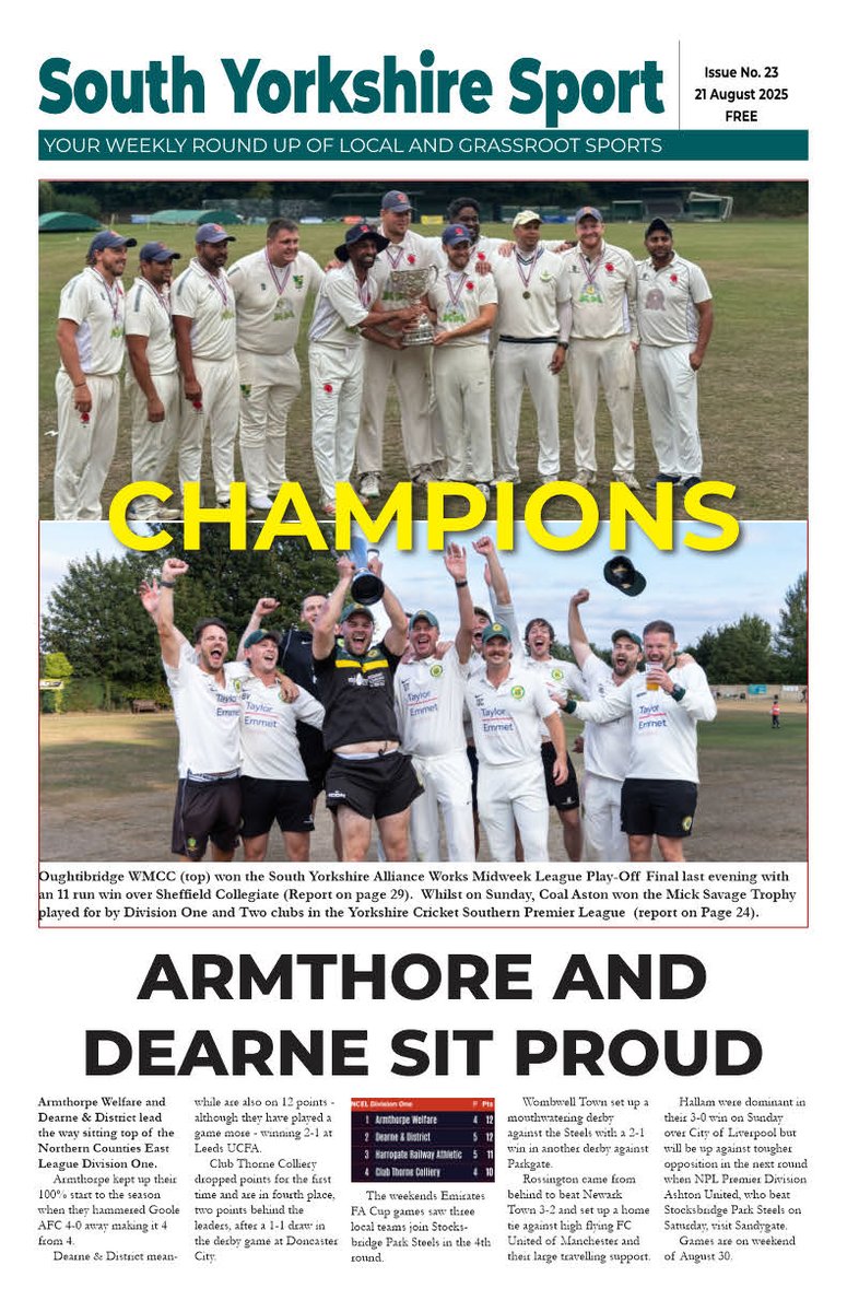 South Yorkshire Sport (@southyorkssport) on Twitter photo Issue 23 has 32 packed pages of your local sport this week. Free at southyorkshiresport.co.uk Here's the call outs:
Cover - <a href="/OWMCC/">Oughtibridge WMCC</a> <a href="/CoalAstonCC/">12th Man</a> <a href="/alliancemidweek/">South Yorkshire Alliance Works MW Cricket League</a> <a href="/YorkshireCCC/">Yorkshire CCC</a> <a href="/thewelfare/">Armthorpe Welfare FC</a> <a href="/DearneDistrict/">Dearne & District FC</a>
News - <a href="/HallamCC/">Hallam CC</a> <a href="/EmiratesFACup/">Emirates FA Cup</a> <a href="/RotherhamRugby/">Rotherham Titans</a> <a href="/thefavase/">TheFavase</a>
Reports - Issue 23 has 32 packed pages of your local sport this week. Free at southyorkshiresport.co.uk Here's the call outs:
Cover - <a href="/OWMCC/">Oughtibridge WMCC</a> <a href="/CoalAstonCC/">12th Man</a> <a href="/alliancemidweek/">South Yorkshire Alliance Works MW Cricket League</a> <a href="/YorkshireCCC/">Yorkshire CCC</a> <a href="/thewelfare/">Armthorpe Welfare FC</a> <a href="/DearneDistrict/">Dearne & District FC</a>
News - <a href="/HallamCC/">Hallam CC</a> <a href="/EmiratesFACup/">Emirates FA Cup</a> <a href="/RotherhamRugby/">Rotherham Titans</a> <a href="/thefavase/">TheFavase</a>
Reports -