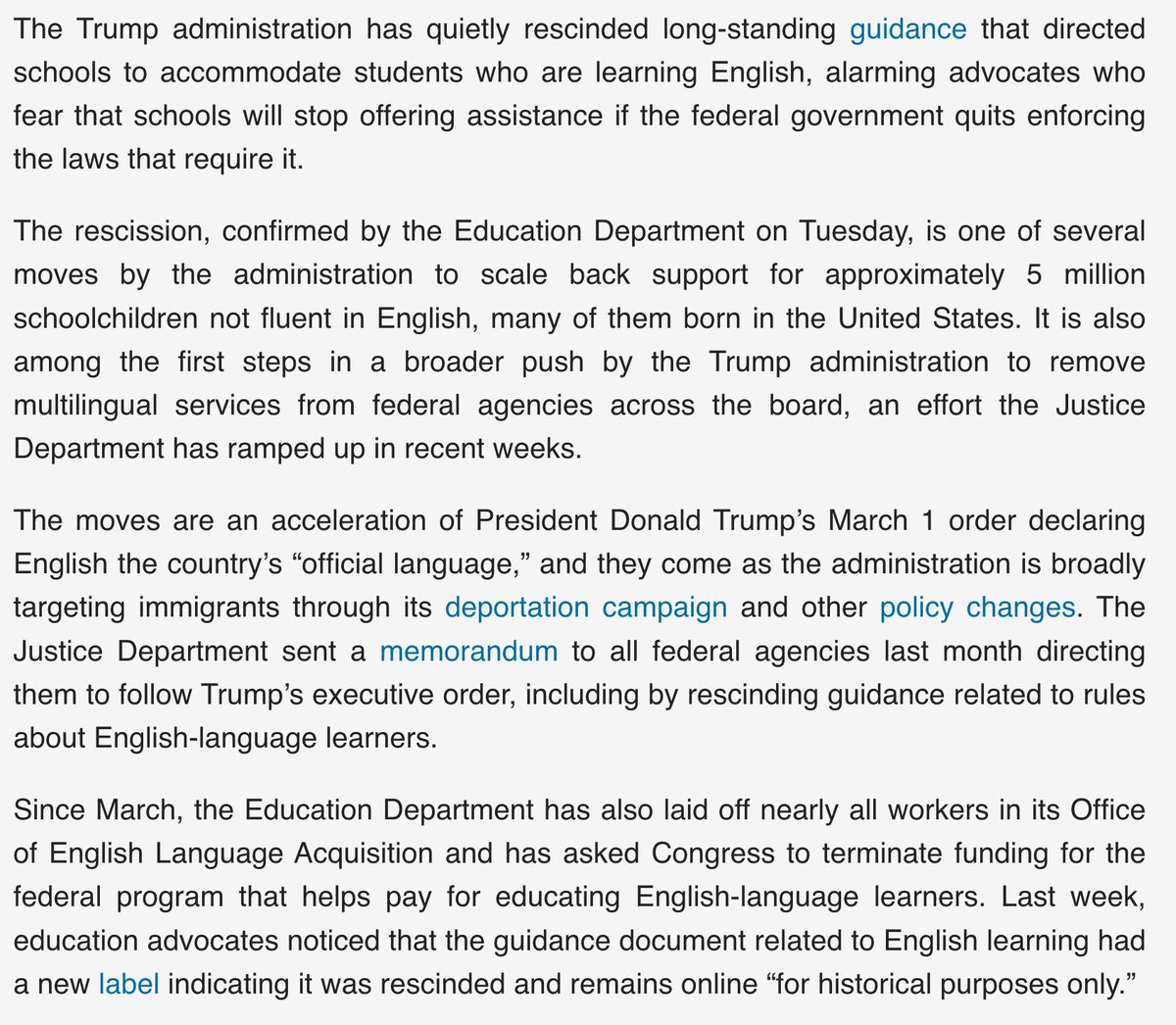 mcleod's tweet image. Education Department quietly removes rules for teaching English learners wapo.st/3UBr0Yv 

@equityedu #equityedu #educolor #edchat #edreform #edpolicy #edtech #edcolo #edutwitter #teachertwitter #k12 #edadmin #suptchat #edleaders #edleadership #principals