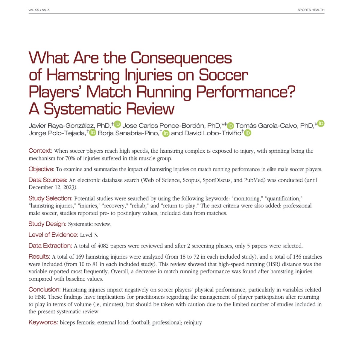 Specialized Training™️ (@tatopek1) on Twitter photo 🆕"This systematic review aimed to examine & summarize the evidence regarding the impact on RTP of hamstring injuries on the external workload experienced by professional male soccer players ⚽️"
👉<a href="/javiraya7/">Javier Raya-González</a> <a href="/tgarciacalvo/">Tomás García Calvo</a> et al, 2025 🇪🇸
📂Open Access: researchgate.net/publication/39… 🆕"This systematic review aimed to examine & summarize the evidence regarding the impact on RTP of hamstring injuries on the external workload experienced by professional male soccer players ⚽️"
👉<a href="/javiraya7/">Javier Raya-González</a> <a href="/tgarciacalvo/">Tomás García Calvo</a> et al, 2025 🇪🇸
📂Open Access: researchgate.net/publication/39…