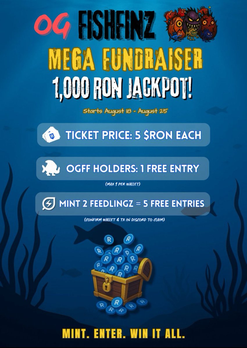 🔥BURNCOIN x OG FISHFINZ🎣

Feedlingz mint:
✅1,563 minted / 2,222 supply
⚡️659 left!

💎Utility:
-Rewards pool for ALL holders
-Bonus NFT drops + giveaways for 1/1, Leggy &amp; Epic
-Future morphing, wearables &amp; rare items

🎟️Mega Fundraiser: 5 RON/ticket → 1,000 $RON Jackpot!