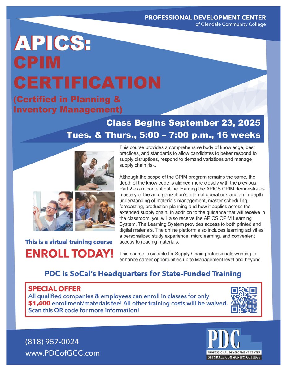 PDCGlendale's tweet image. APICS CPIM Certification (Certified in Planning &amp;amp; Inventory Management) training course starts on September 23, 2025.
Contact us today for more information and enrollment in this course.
#apics #CPIM #certificate #training #ascm #education #professionaldevelopment