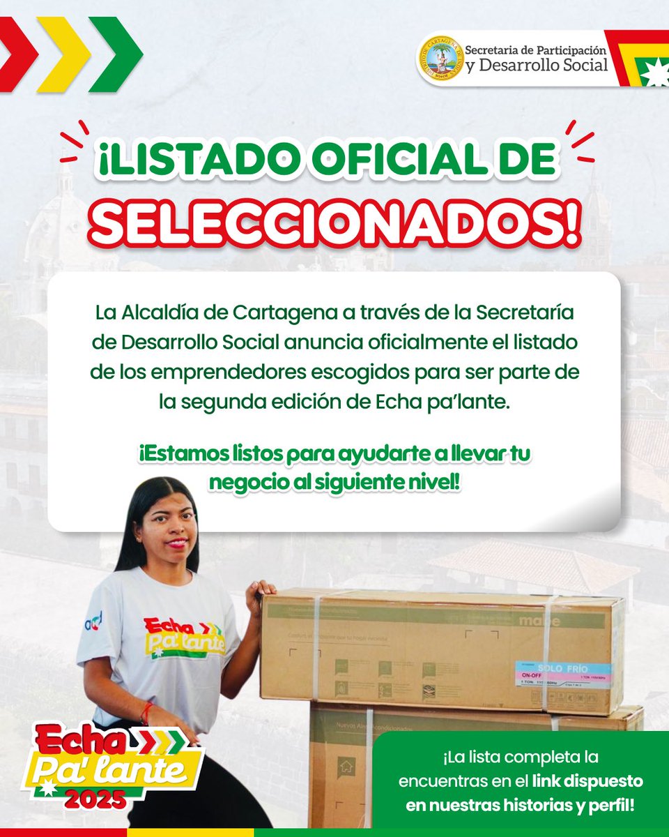 Secretaria de Desarrollo Social Ctg (@secparctg) on Twitter photo ¡LA ESPERA TERMINÓ: Listado oficial de los emprendedores escogidos para Echa pa’lante 2025!💛💚❤️
Consulta en este link cartagena.gov.co/noticias/esper… los nombres de los empresarios que nos acompañarán en esta segunda versión, de este gran proyecto✨🤗
<a href="/dumek_turbay/">Dumek Turbay Paz</a> <a href="/AlcaldiaCTG/">Alcaldía de Cartagena</a> ¡LA ESPERA TERMINÓ: Listado oficial de los emprendedores escogidos para Echa pa’lante 2025!💛💚❤️
Consulta en este link cartagena.gov.co/noticias/esper… los nombres de los empresarios que nos acompañarán en esta segunda versión, de este gran proyecto✨🤗
<a href="/dumek_turbay/">Dumek Turbay Paz</a> <a href="/AlcaldiaCTG/">Alcaldía de Cartagena</a>