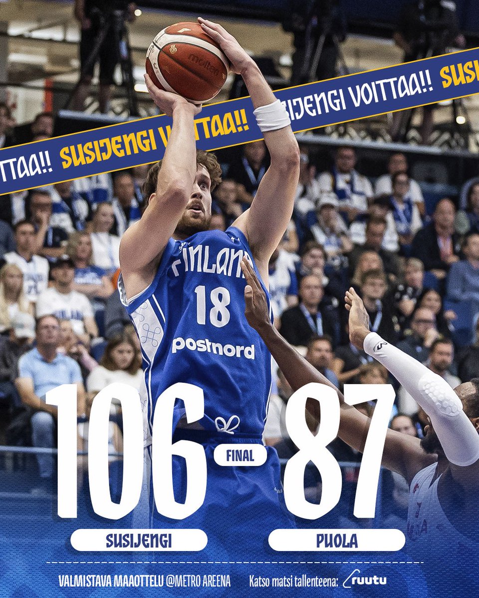 basketfinland's tweet photo. Auuuu! Puhtaalla pelillä kotikisoihin! 🔥💪

Susijengi kaataa Puolan toistamiseen. Kynnet ovat nyt teroitettu ja ensi keskiviikkona EM-kotiavaus Tampereella Ruotsia vastaan!

Liput 👉 https://t.co/h8HJ46yBDF

#Susijengi #EuroBasket #6pelaaja https://t.co/w00F1RQUBK