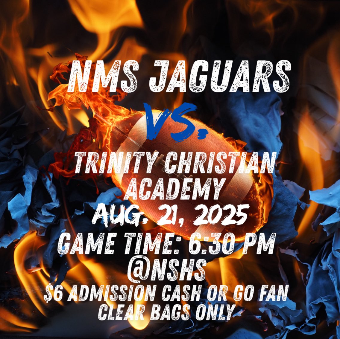 💙🧡🏈Our Jaguars Football Team takes the field again tonight at 6:30 for another home game against Trinity <a href="/NSHS/">NSHS</a>! This is a big one! Let’s pack the home side for the boys tonight!! Go JAGS!🏈🧡💙￼ 
#JMCSS
#JaguarNation
#begreaterthanb4