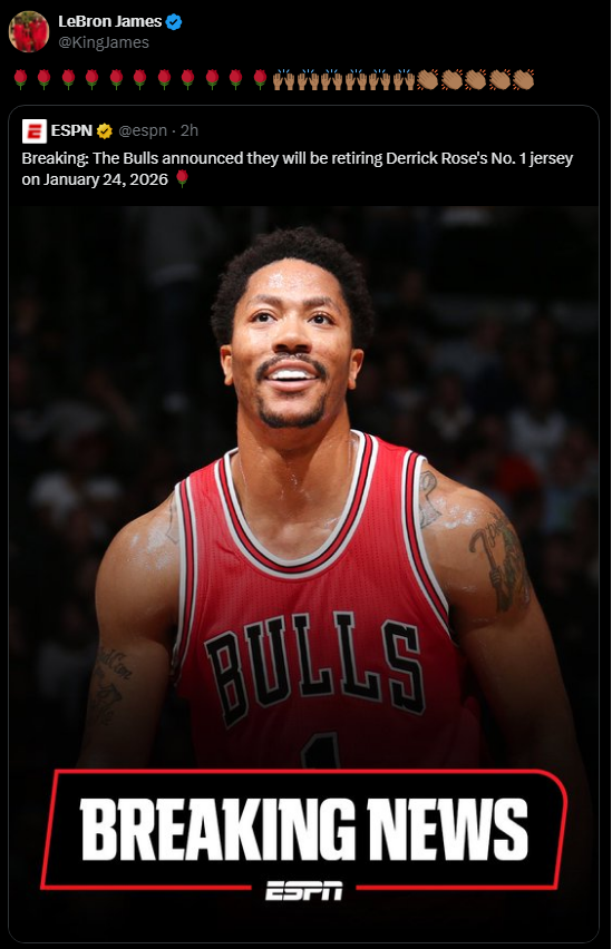 ClutchPoints (@clutchpoints) on Twitter photo LeBron James' response to Derrick Rose's jersey retirement is wholesome 💯
(via <a href="/KingJames/">LeBron James</a>) LeBron James' response to Derrick Rose's jersey retirement is wholesome 💯
(via <a href="/KingJames/">LeBron James</a>)