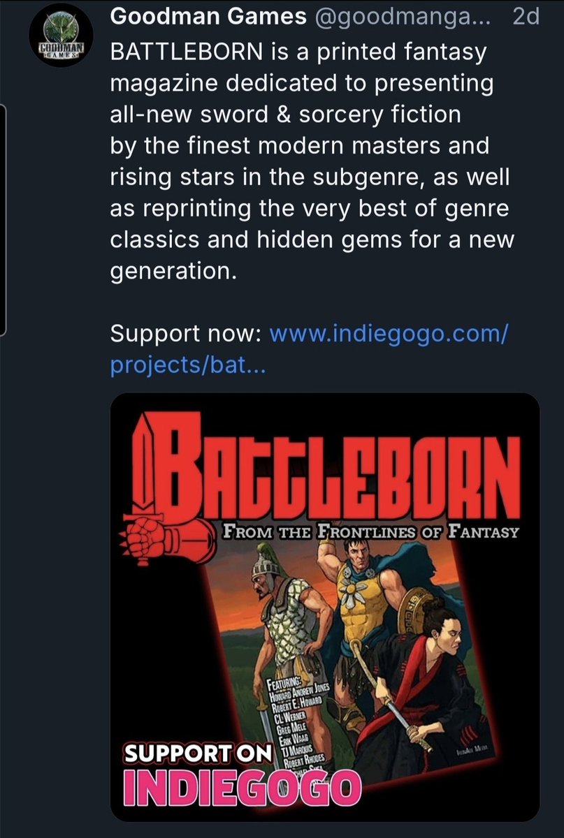 The outpouring of support for our quest to bring face-melting sword-and-sorcery to the masses has been incredible - even by that measurement, the support of Goodman Games and DCC means a lot.
Join the ranks of BATTLEBORN today!