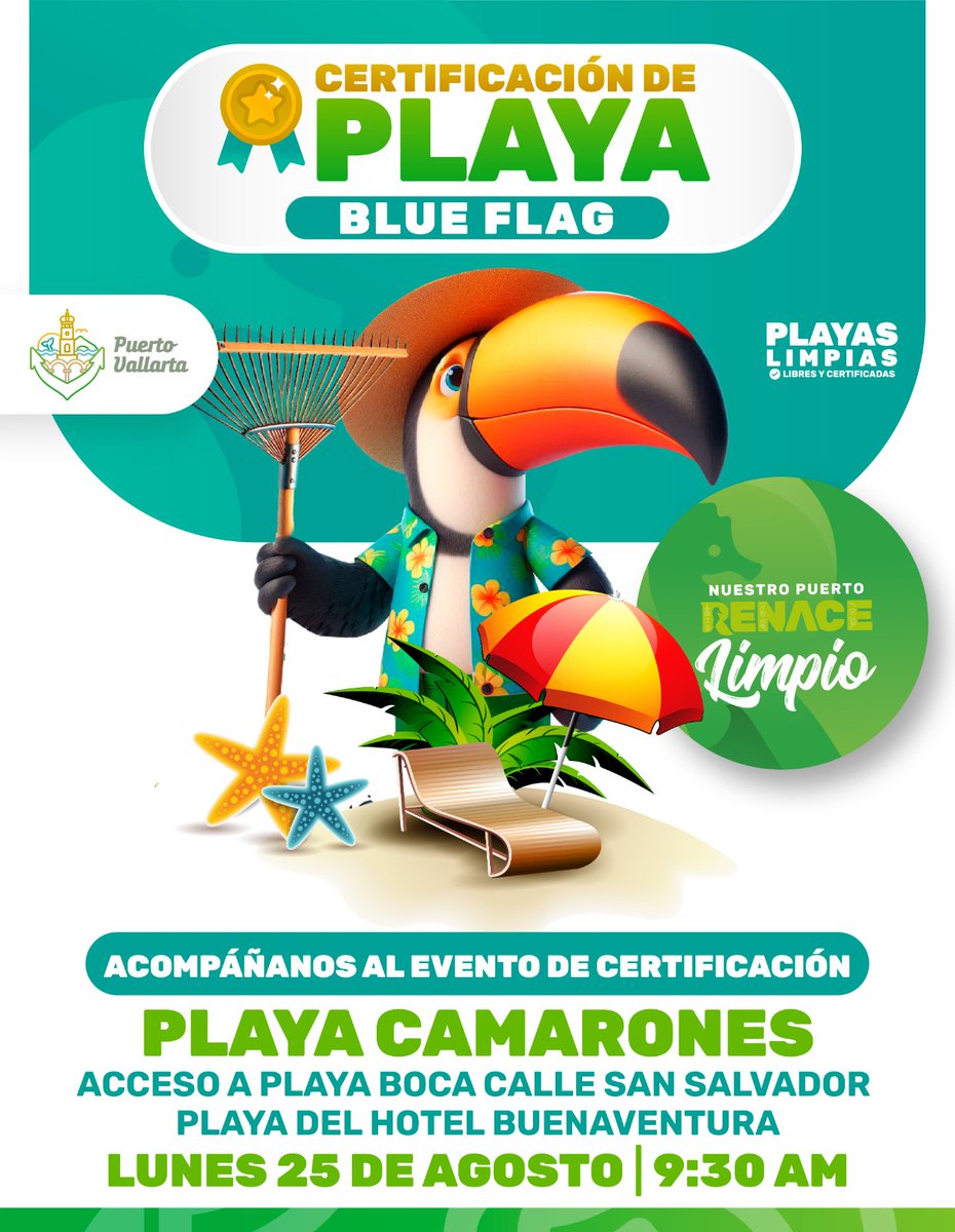 🌊🏖️ Puerto Vallarta sigue sumando playas
limpias y seguras 💚

Acompáñanos a la certificación Blue Flag de Playa
Camarones 🏅

🗓Lunes 25 de agosto
🕛 9:30 AM