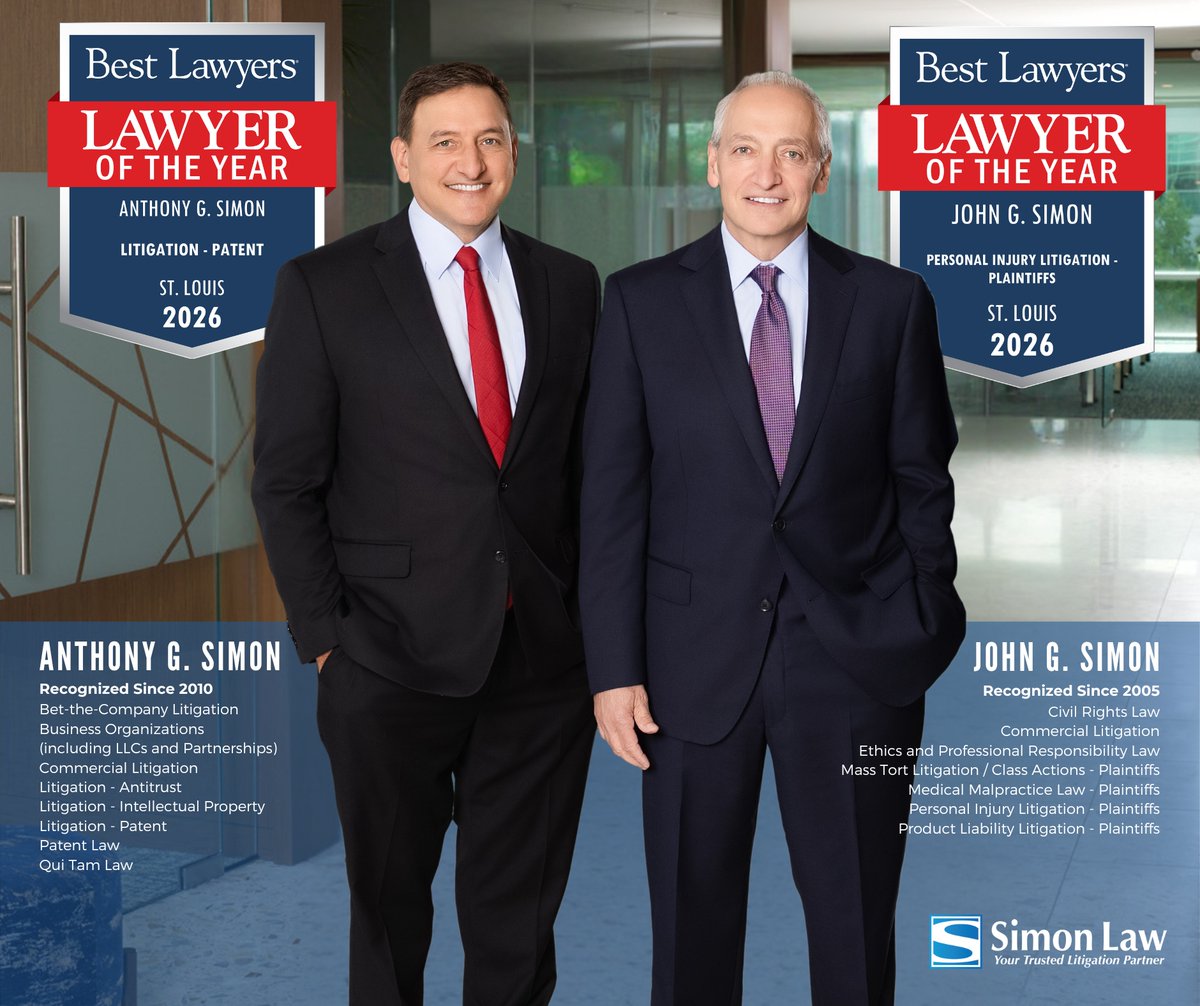 For the fifth time in 10 years, brothers John G. Simon and Anthony G. Simon were named the Best Lawyers® 2026 “Lawyer of the Year” in St. Louis in their respective fields.
John G. Simon was named the Best Lawyers® 2026 Personal Injury Litigation “Lawyer of the Year” in St. Louis.