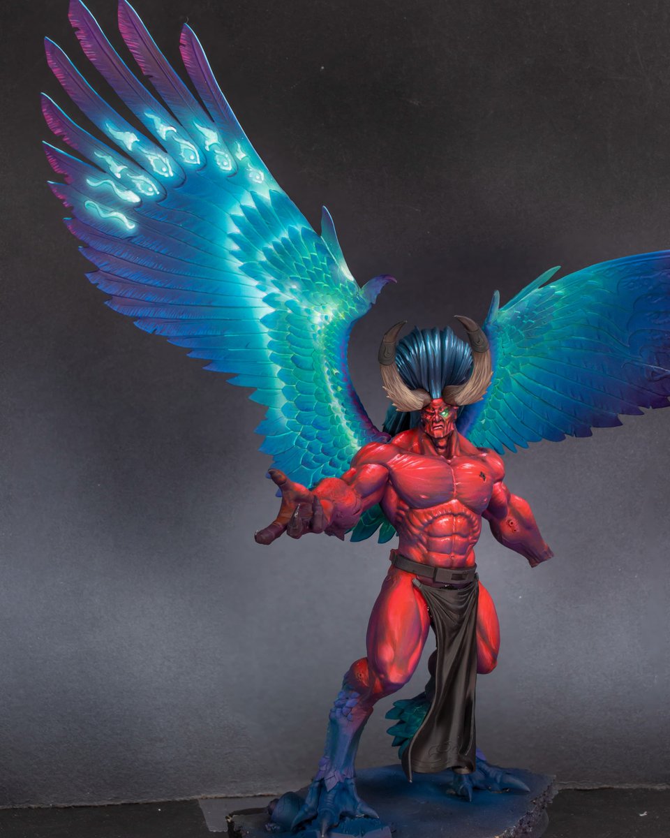 theminiaturista's tweet photo. Magnus the Red painting in progress. This is the second time I've painted him, and this time I have tried a different approach in the wings, using turquoise light from within.
I will place some parts of the armor, but not in the chest, of course! 

#warhammer #warhammercommunity https://t.co/9Yihd1KsP9