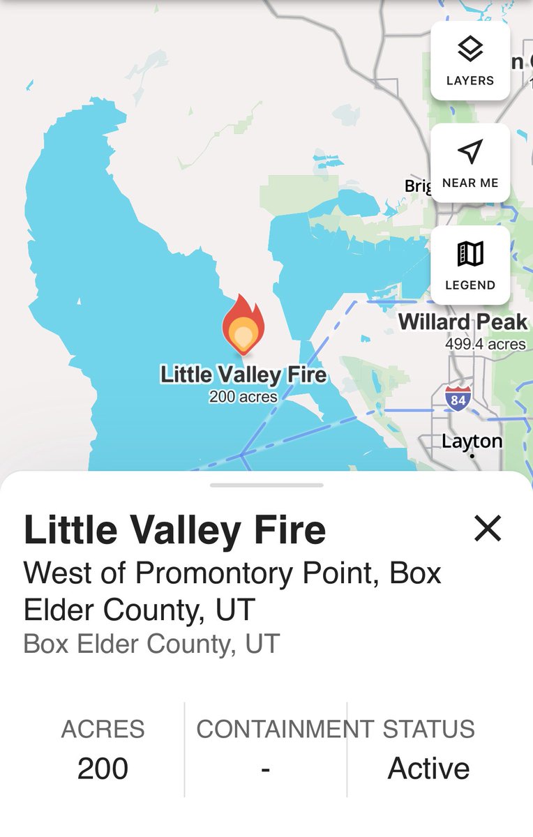 SLCScanner's tweet photo. New ๐ฅ
#BoxElderCounty
#LittleValleyFire
near Promontory Point is actively burning in grass and pinyon-juniper. Estimated at 200 acres. Multiple fire resources are responding.
Pic: @watchdutyapp https://t.co/3m5o75fG22
