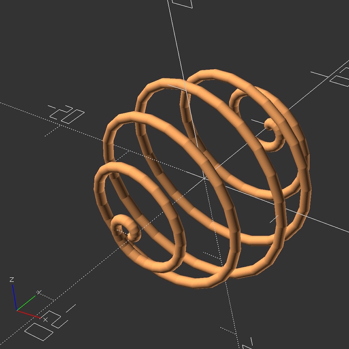 matths's tweet image. Playing with the parameters... got less windings between the poles. #openscad #3dprinting #spherical #helix
