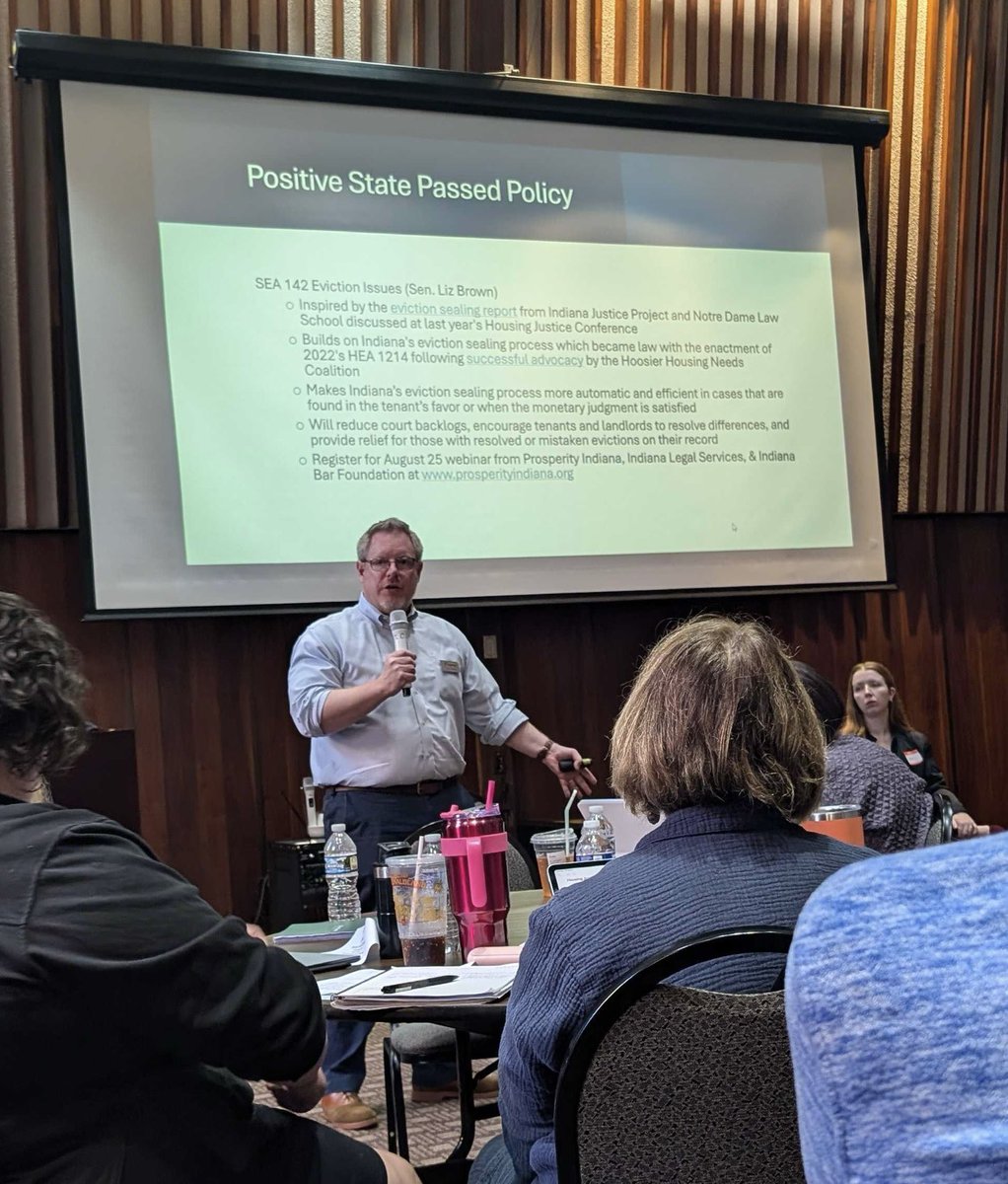 Thank you <a href="/INJProject/">Indiana Justice Project</a> for inviting me to lead the Indiana Housing Justice Conference’s Housing Legislative Update! Thanks to a great panel for telling the story of winning strengthened eviction sealing and defeating 3 criminalization of homelessness bills this #INLegis session.