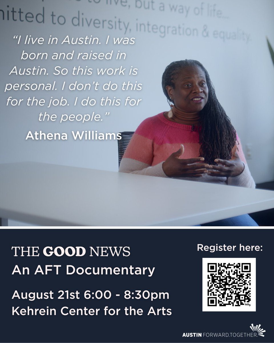 THE DAY IS FINALLY HERE!

TONIGHT Thursday (8/21), 6–8:30pm come to the 2025 Austin Forward. Together. Community Summit and watch the premiere of the "The Good News", an Austin Forward. Together. documentary! 🎬

📍 Kehrein Center For The Arts

RSVP: bit.ly/aftdoc