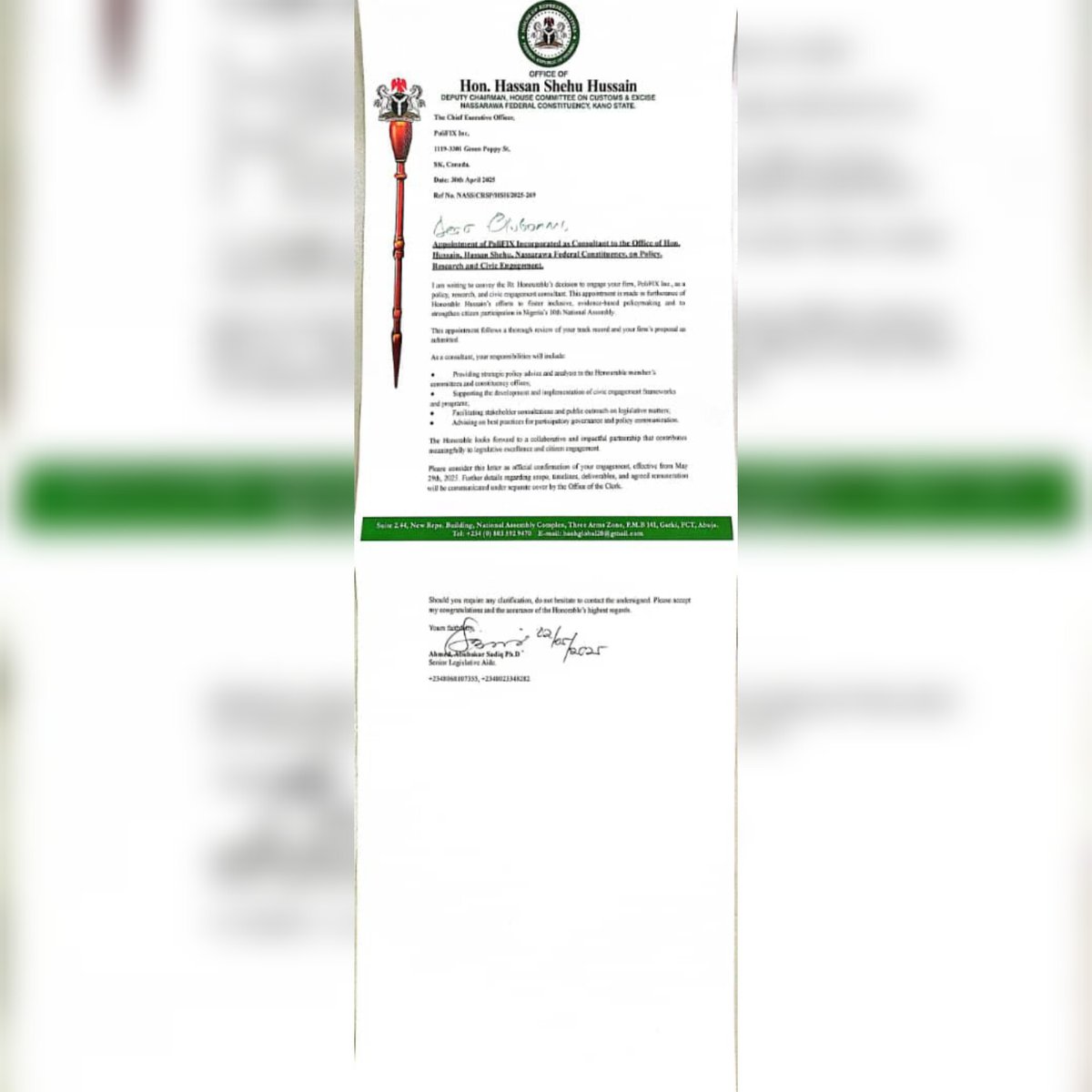 SendPolifix's tweet photo. Big news! 🎉
PoliFIX Inc. has been appointed Consultant to:
• @HouseNGR Committee on SDGs
• Office of Hon. Hassan Shehu Hussain (Dep. Chair, House Ctte on Customs & Excise)
We’re driving policy, civic engagement & participatory governance!
#PoliFIX #SDGs #Governance https://t.co/grvhn7yTpE
