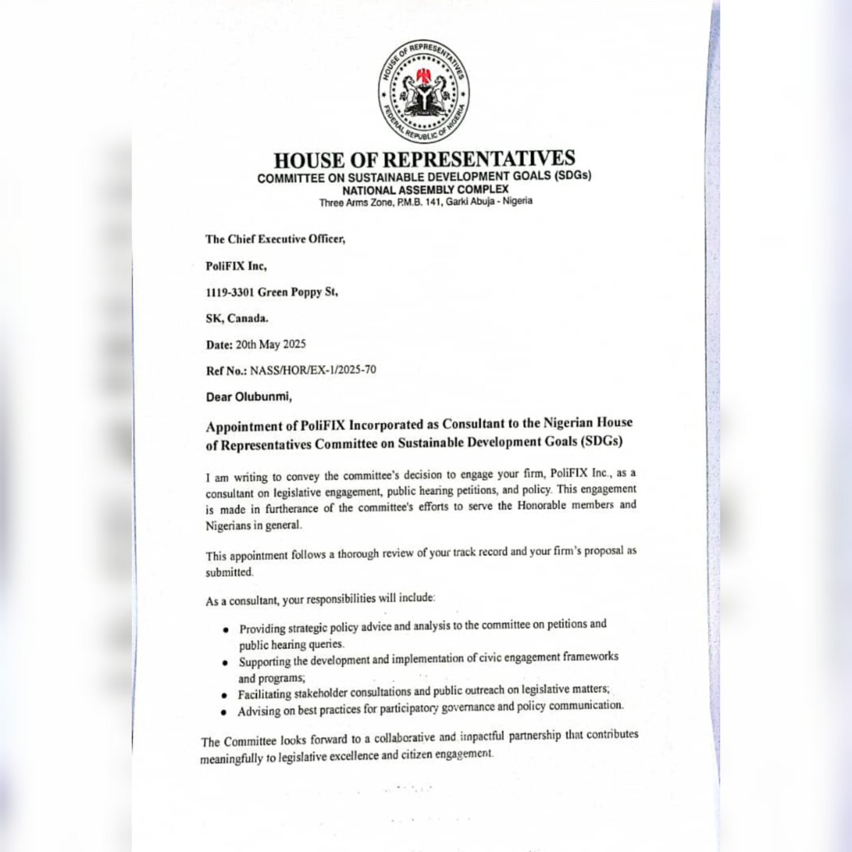 SendPolifix's tweet photo. Big news! 🎉
PoliFIX Inc. has been appointed Consultant to:
• @HouseNGR Committee on SDGs
• Office of Hon. Hassan Shehu Hussain (Dep. Chair, House Ctte on Customs & Excise)
We’re driving policy, civic engagement & participatory governance!
#PoliFIX #SDGs #Governance https://t.co/grvhn7yTpE