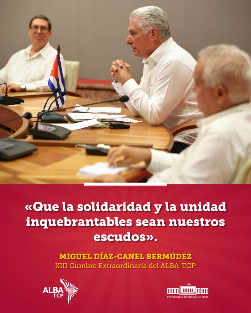 En la XIII Cumbre Extraordinaria del <a href="/ALBATCP/">ALBA</a>, #Cuba denunció el despliegue militar de EEUU en la región, lo que amenaza la paz y soberanía de nuestros pueblos.