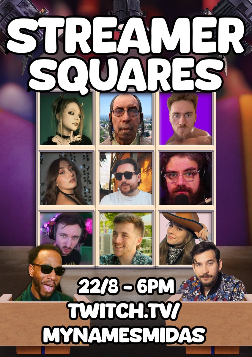 mynamesmidas's tweet photo. STREAMER SQUARED ON @Twitch @TwitchUKI TOMORROW AT 6PM!!!

Starring: @Miss_Ooky @TehHitmann @alroleo @mollipod @Kezmurph67 @TourettesGamerr @LawtenderTwitch @floppylegs @xraine_x @TheStampStories &amp; @dangermarin https://t.co/3N2yRpgCpK
