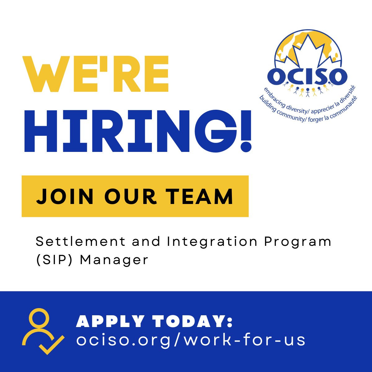 🚀 We are hiring! 

OCISO is looking for a SIP Manager in Ottawa to lead programs supporting newcomers’ settlement and integration. 

Passionate about community impact? Apply now: ociso.org/work-for-us/