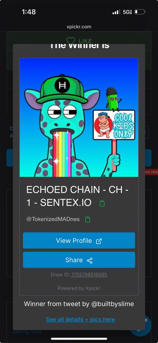 SLIME | 0.0.8357917 (@builtbyslime) on Twitter photo The winner is <a href="/TokenizedMADnes/">ECHOED CHAIN - CH - 1 - SENTEX.IO</a> - congratulations!
Associate 0.0.9474754 & DM us your wallet! The winner is <a href="/TokenizedMADnes/">ECHOED CHAIN - CH - 1 - SENTEX.IO</a> - congratulations!
Associate 0.0.9474754 & DM us your wallet!