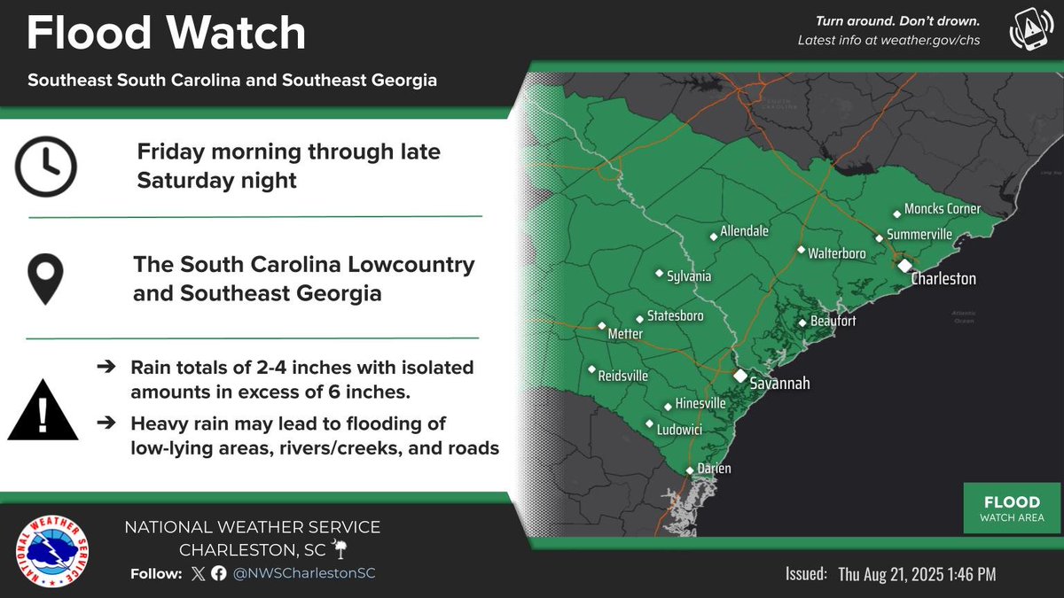 NWSCharlestonSC's tweet photo. ⚠️ ALERT: A Flood Watch has been issued for the Lowcountry and much of Southeast Georgia from Friday morning through late Saturday night. Rainfall totals of 2-4" with isolated amounts 6 " are expected with an elevated risk for flash flooding. Stay alert! #scwx #gawx #savwx #chswx https://t.co/7G7bqi8Umv