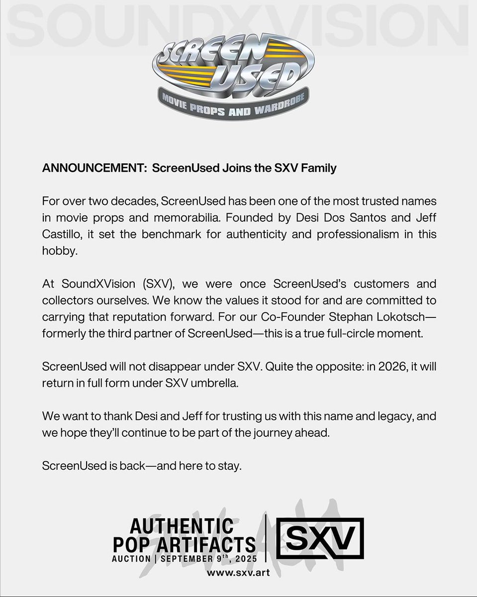 screenused's tweet image. ANNOUNCEMENT: ScreenUsed joins @sxvartifacts.

For 20+ years, ScreenUsed set the standard in film memorabilia. With co-founder Stephan Lokotsch and SXV, the brand returns in full in 2026.

Join us for SXV’s inaugural auction Sept 9: auction.sxv.art/auctions/catal…