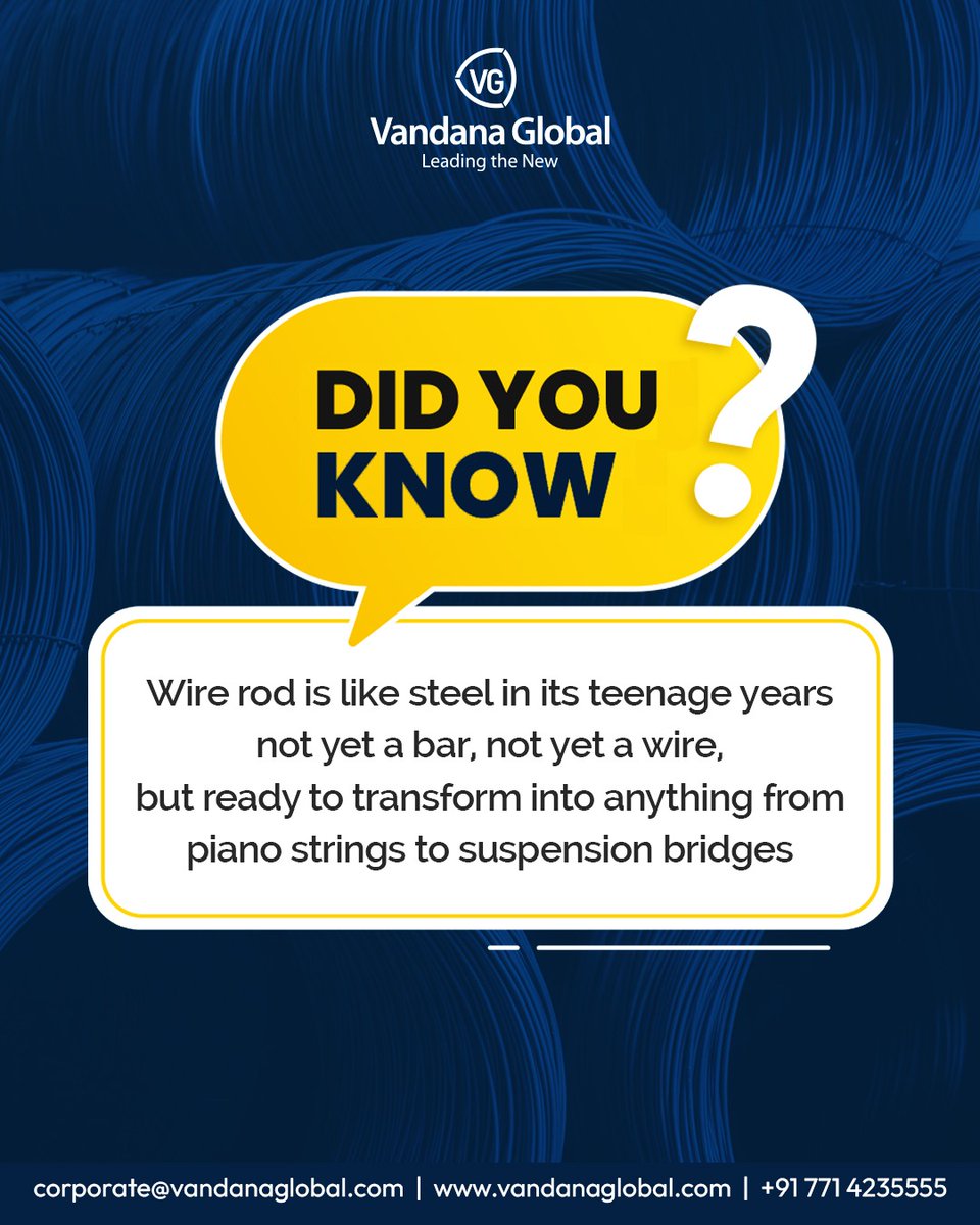 GlobalVandana's tweet image. Did you know? 
Wire rod is like steel in its teenage years.

#DidYouKnow #VandanaGlobal #WireRod #SteelIndustry #InnovationInSteel #BuildingTheFuture #SteelSolutions #GlobalManufacturing #EngineeringExcellence #SustainableSteel #LeadingTheNew